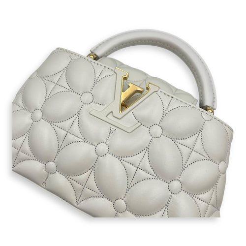 Capucines East West Mini White Top Handle Bag in Calfskin, Gold hardware