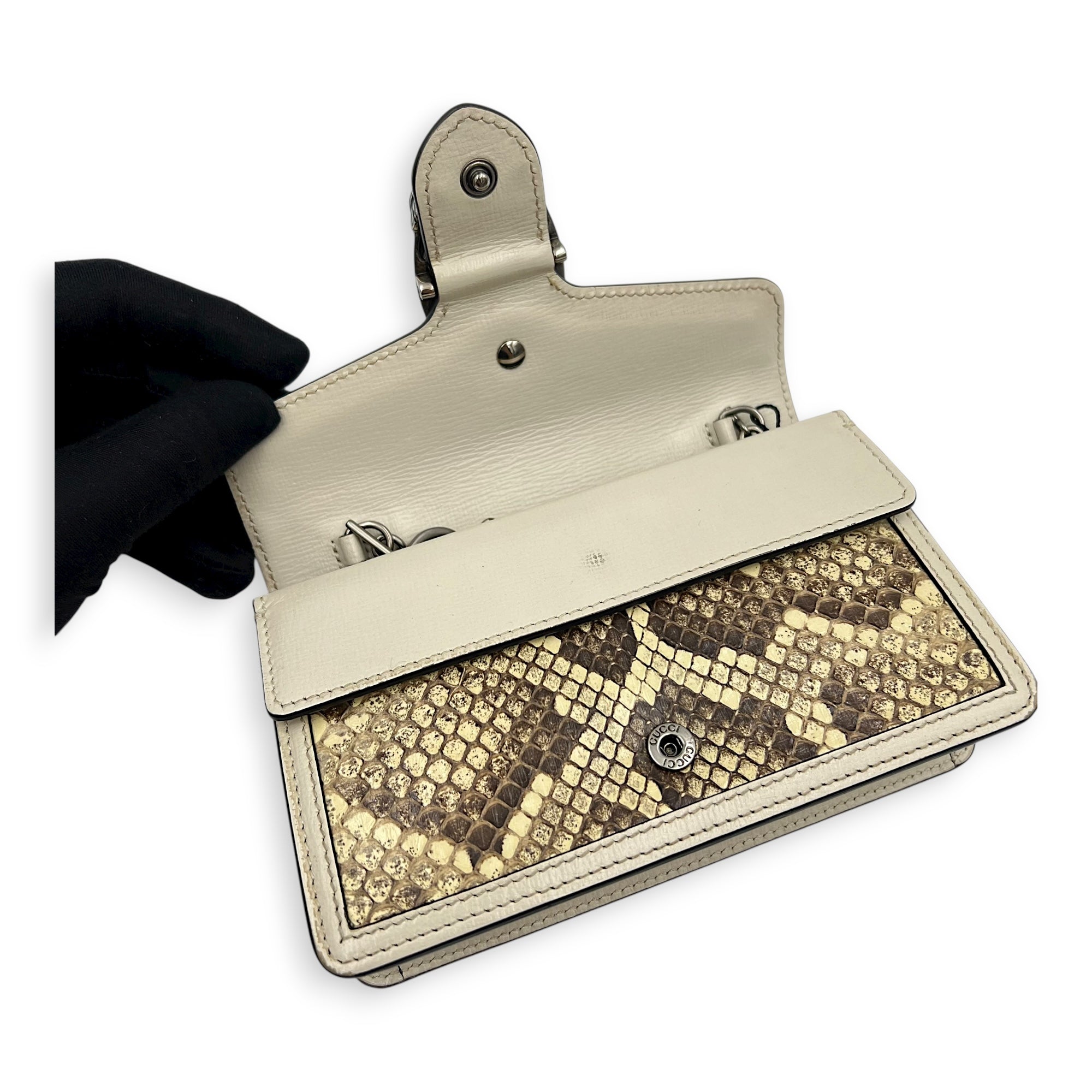 Dionysus Super Mini Beige Crossbody Bag in Python Leather, Ruthenium hardware