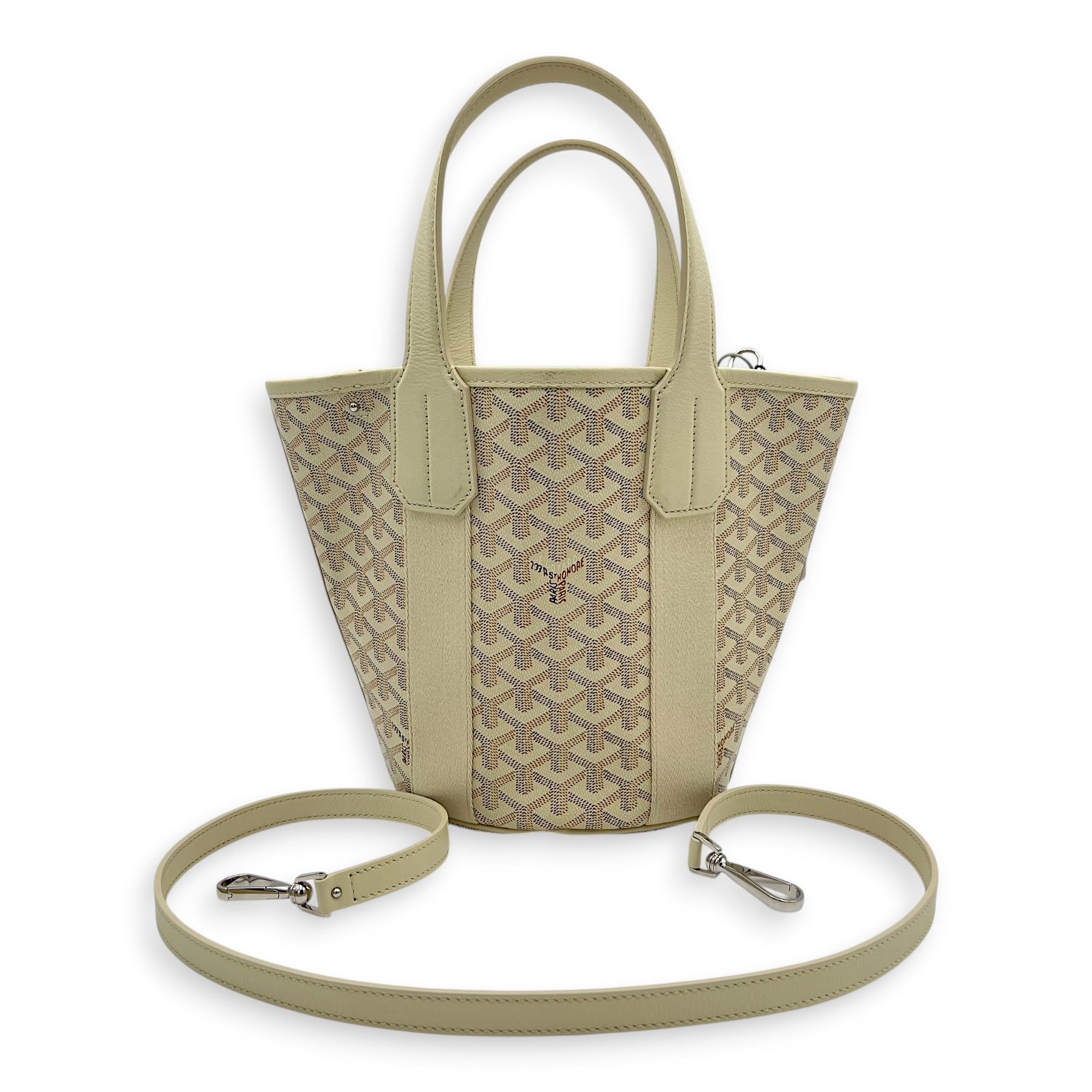 Belhara PM White Top Handle Bag in Coated Canvas, Silver hardware