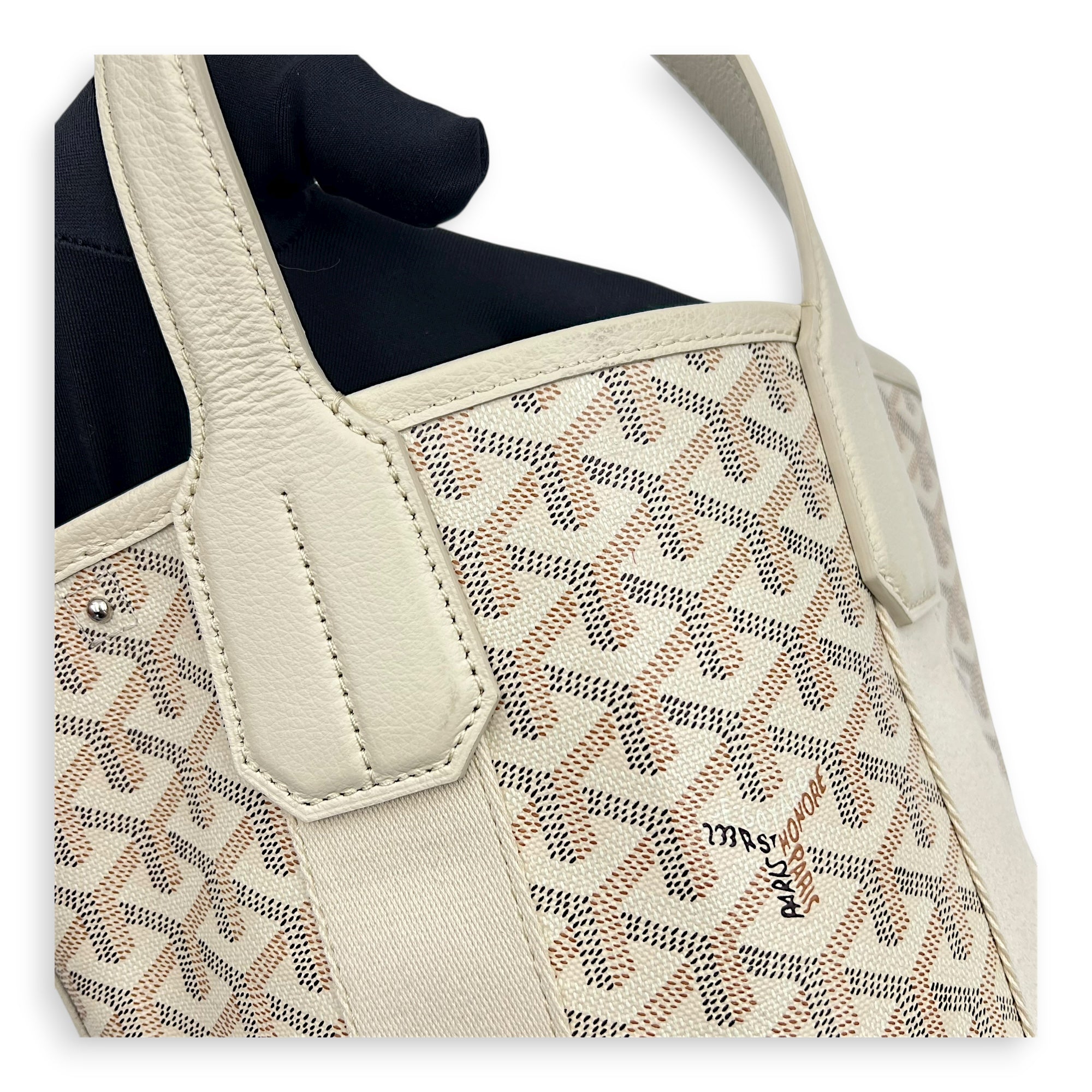 Belhara PM White Top Handle Bag in Coated Canvas, Silver hardware