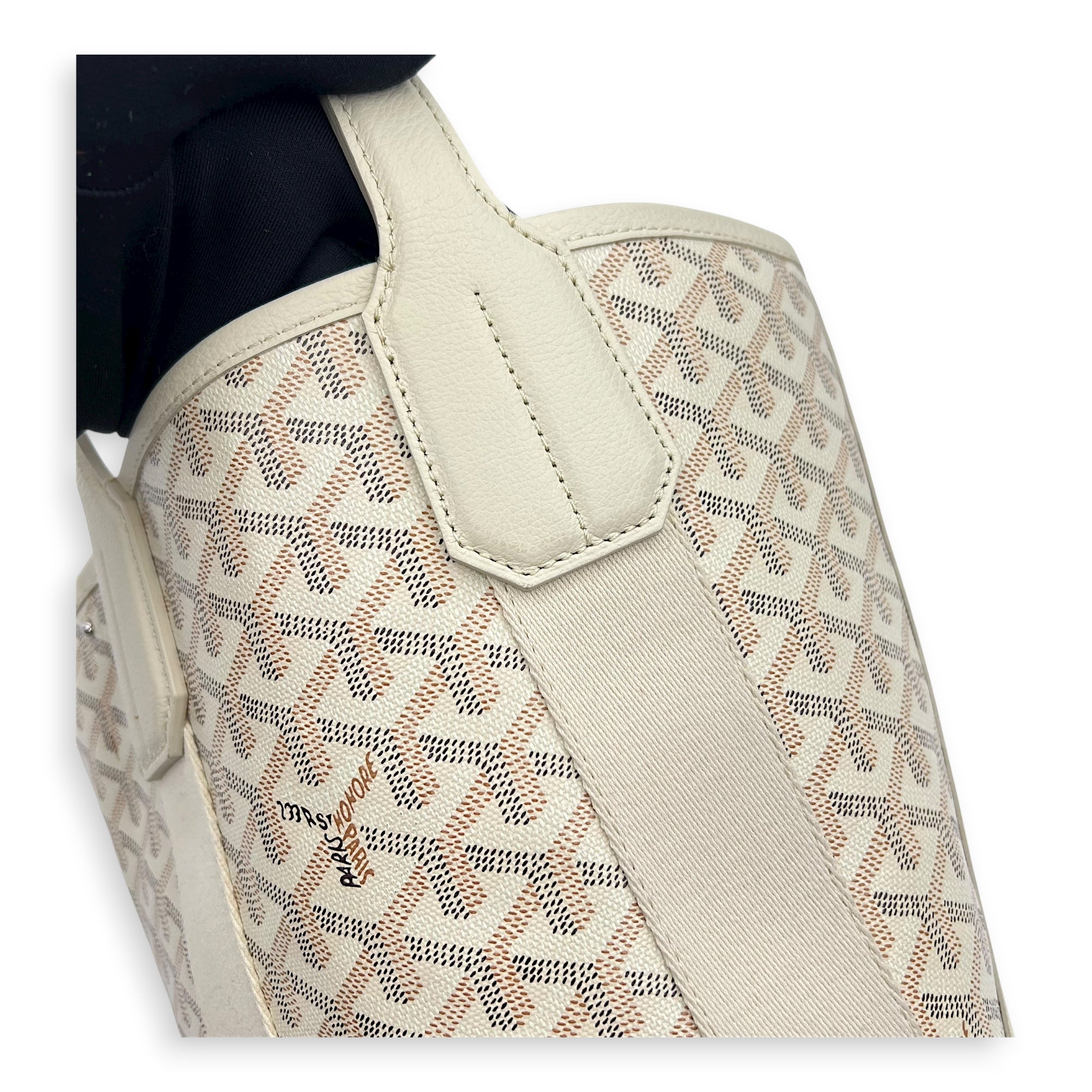 Belhara PM White Top Handle Bag in Coated Canvas, Silver hardware