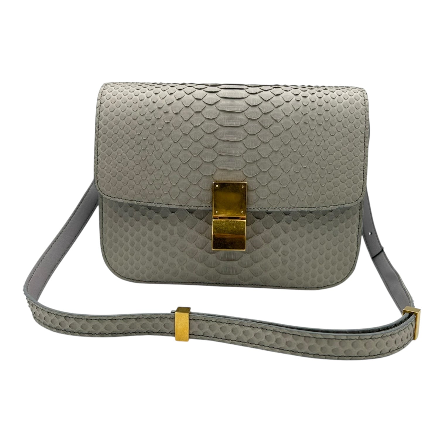 Box Medium Grey Shoulder Bag in Python Leather, Gold hardware
