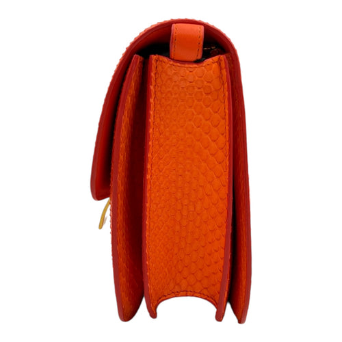 Box Shoulder Bag Medium Orange in Python Leather, Gold hardware