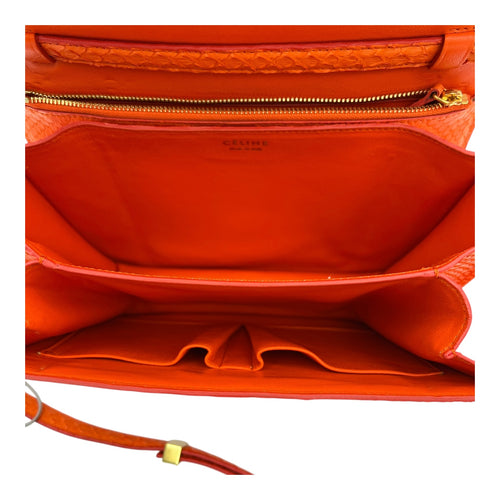 Box Shoulder Bag Medium Orange in Python Leather, Gold hardware