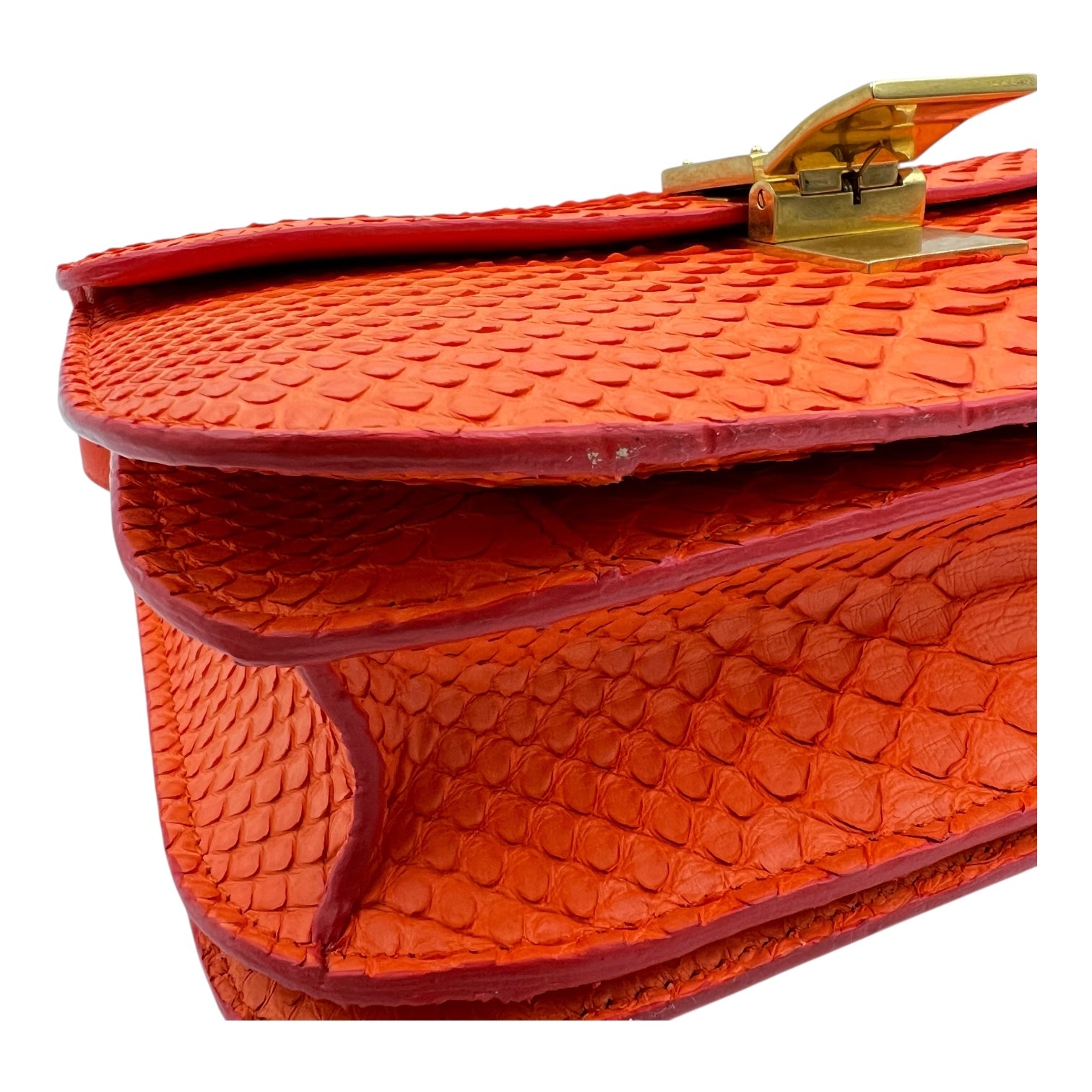 Box Shoulder Bag Medium Orange in Python Leather, Gold hardware