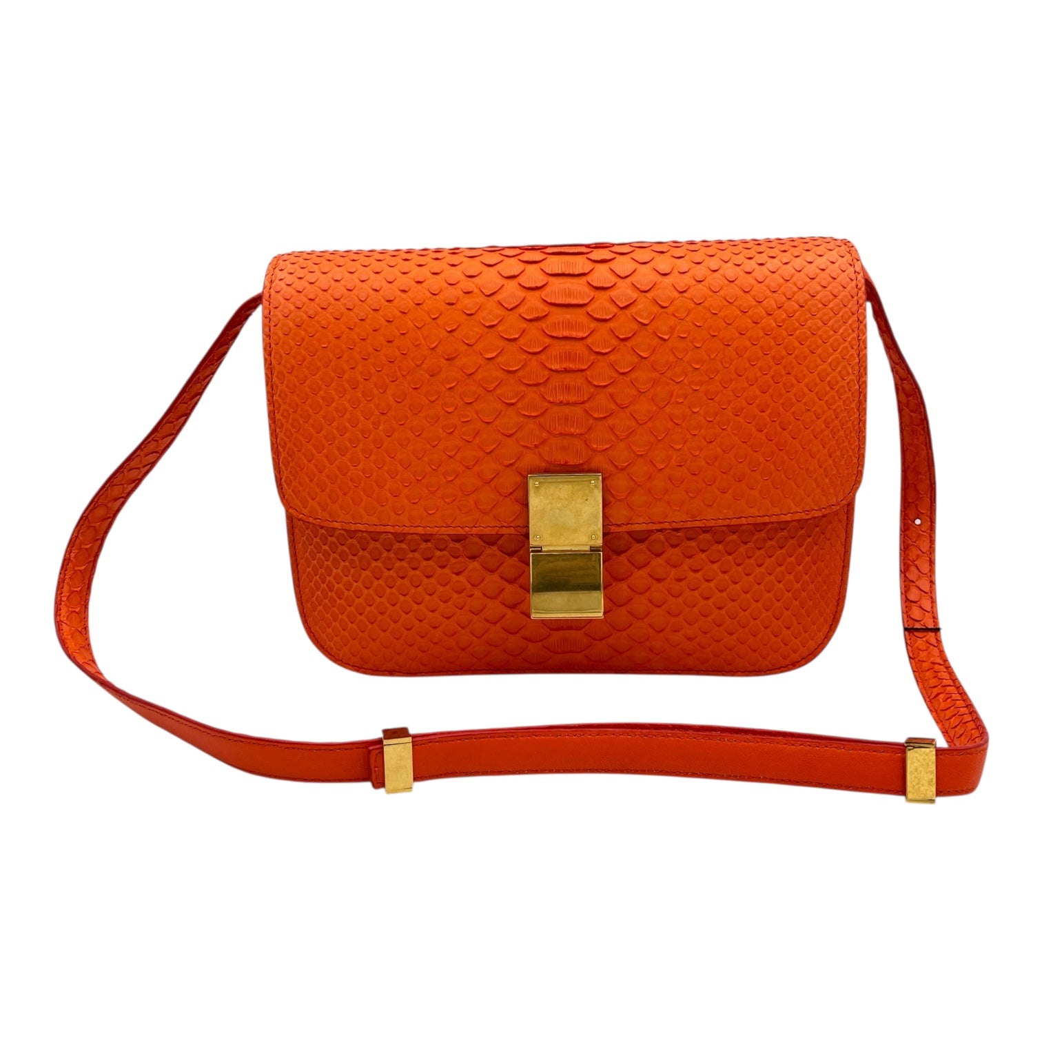 Box Shoulder Bag Medium Orange in Python Leather, Gold hardware