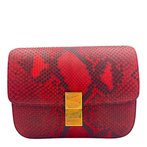 Box Medium Red Shoulder Bag in Python Leather, Gold hardware