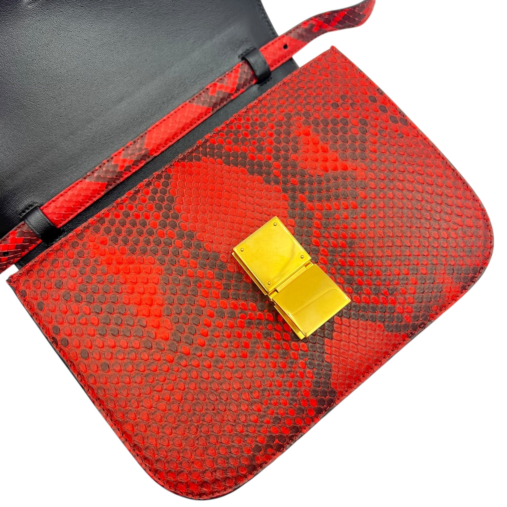 Box Medium Red Shoulder Bag in Python Leather, Gold hardware