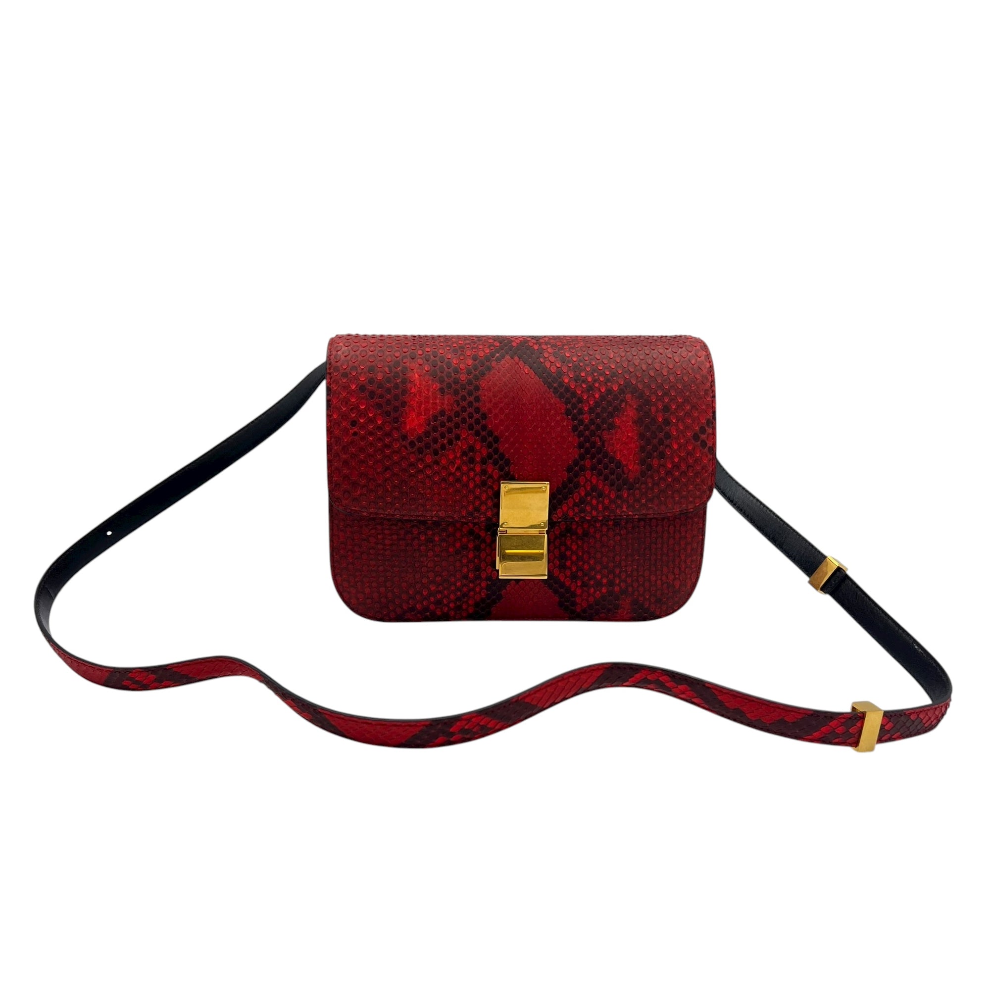 Box Medium Red Shoulder Bag in Python Leather, Gold hardware