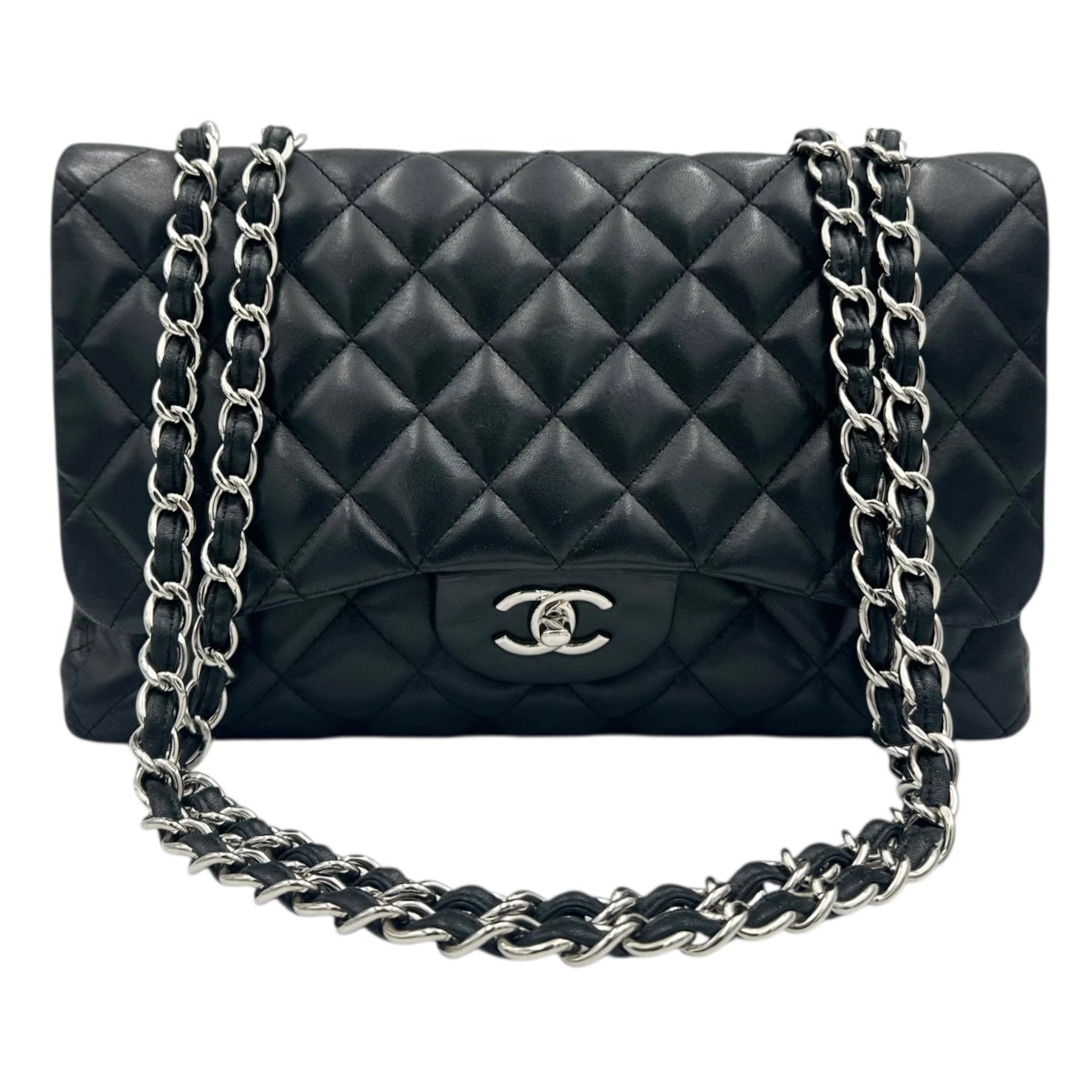 Classic Shoulder Bag Maxi Black in Lambskin, Silver hardware
