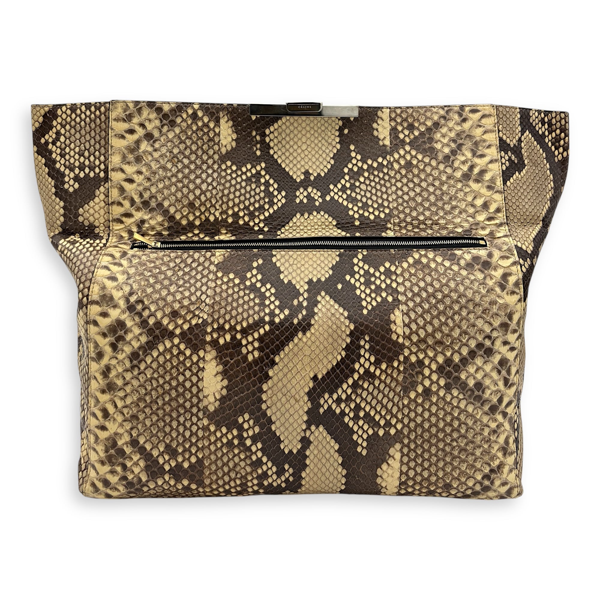 Fold Over Clutch Beige in Python Leather, Silver hardware
