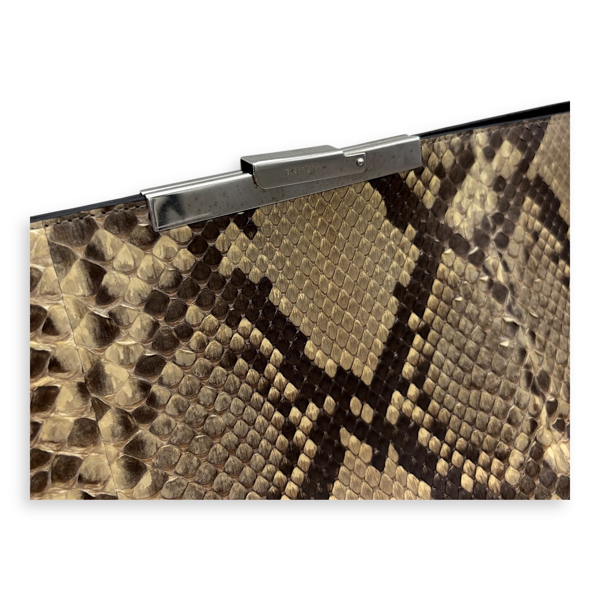 Fold Over Clutch Beige in Python Leather, Silver hardware