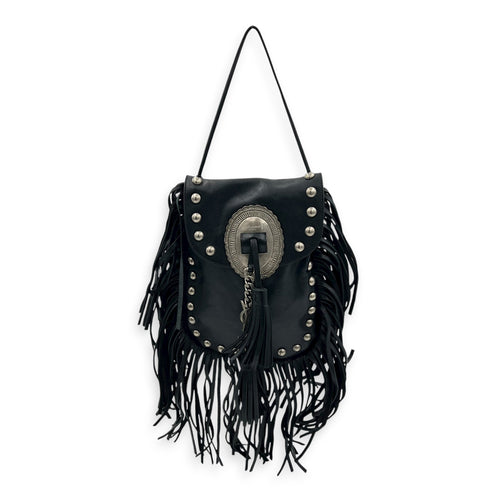 Anita Shoulder Bag Black in Suede Leather, Silver hardware