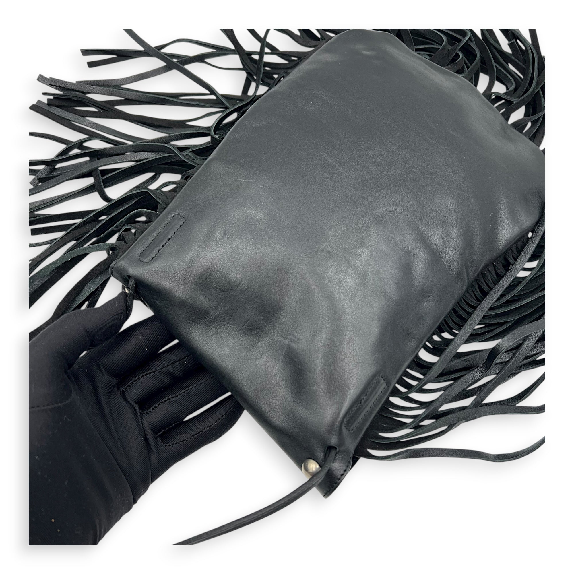 Anita Shoulder Bag Black in Suede Leather, Silver hardware