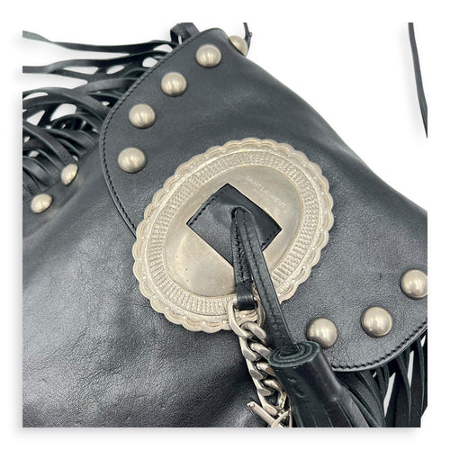 Anita Shoulder Bag Black in Suede Leather, Silver hardware
