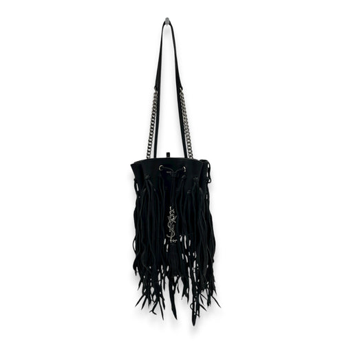 Logo Fringe Bucket Bag Black in Suede Leather, Silver hardware
