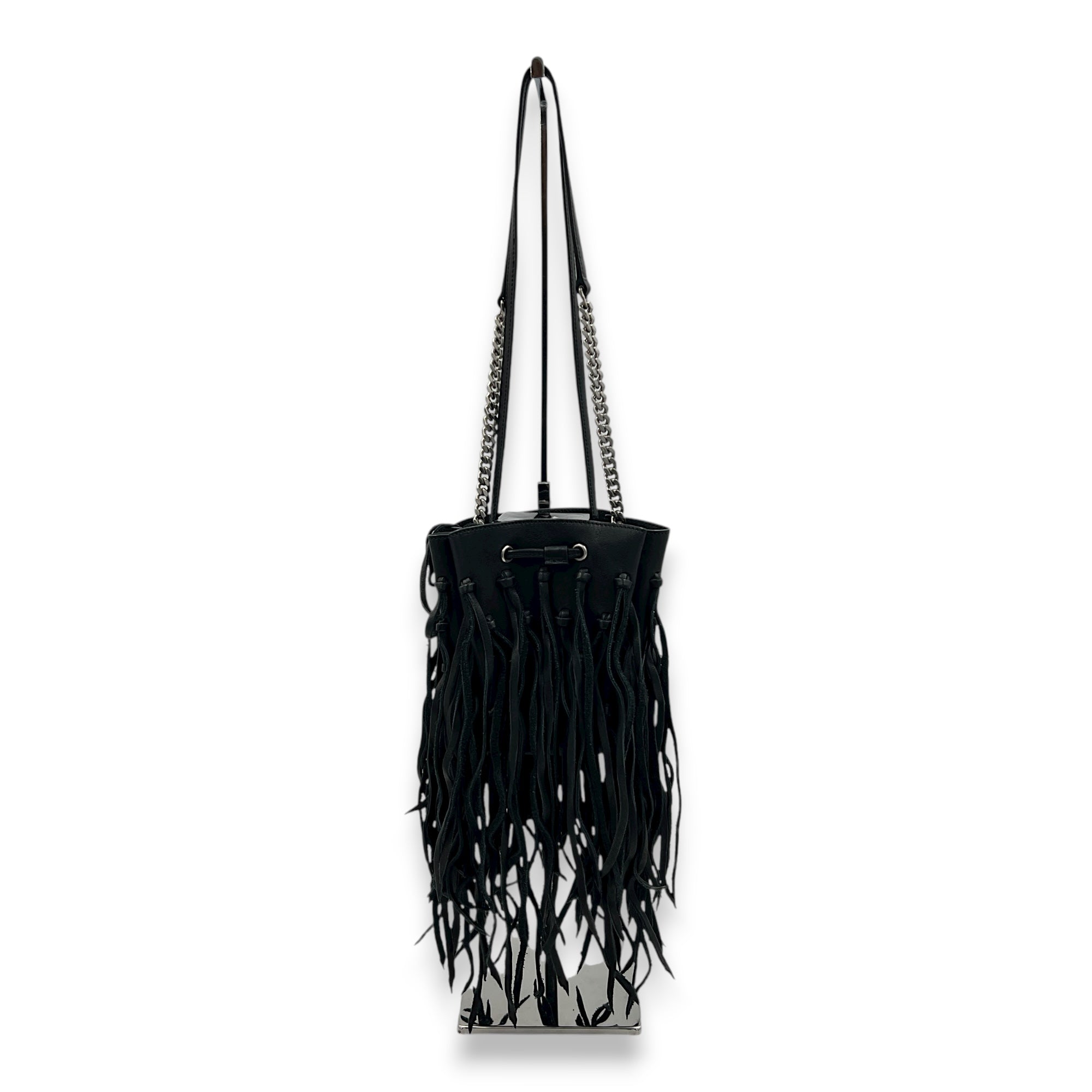 Logo Fringe Bucket Bag Black in Suede Leather, Silver hardware