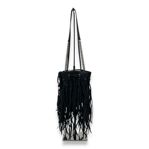 Logo Fringe Bucket Bag Black in Suede Leather, Silver hardware