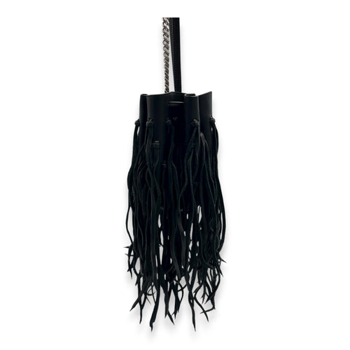 Logo Fringe Bucket Bag Black in Suede Leather, Silver hardware