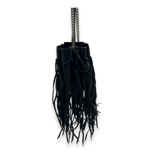 Logo Fringe Bucket Bag Black in Suede Leather, Silver hardware