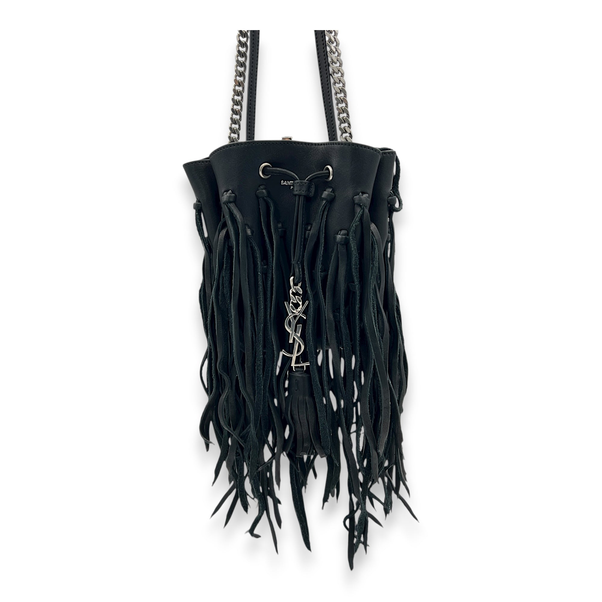 Logo Fringe Bucket Bag Black in Suede Leather, Silver hardware