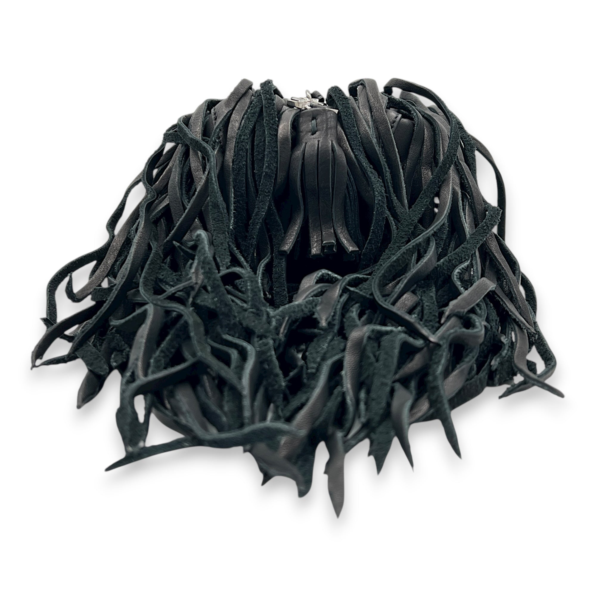 Logo Fringe Bucket Bag Black in Suede Leather, Silver hardware