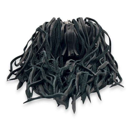 Logo Fringe Bucket Bag Black in Suede Leather, Silver hardware