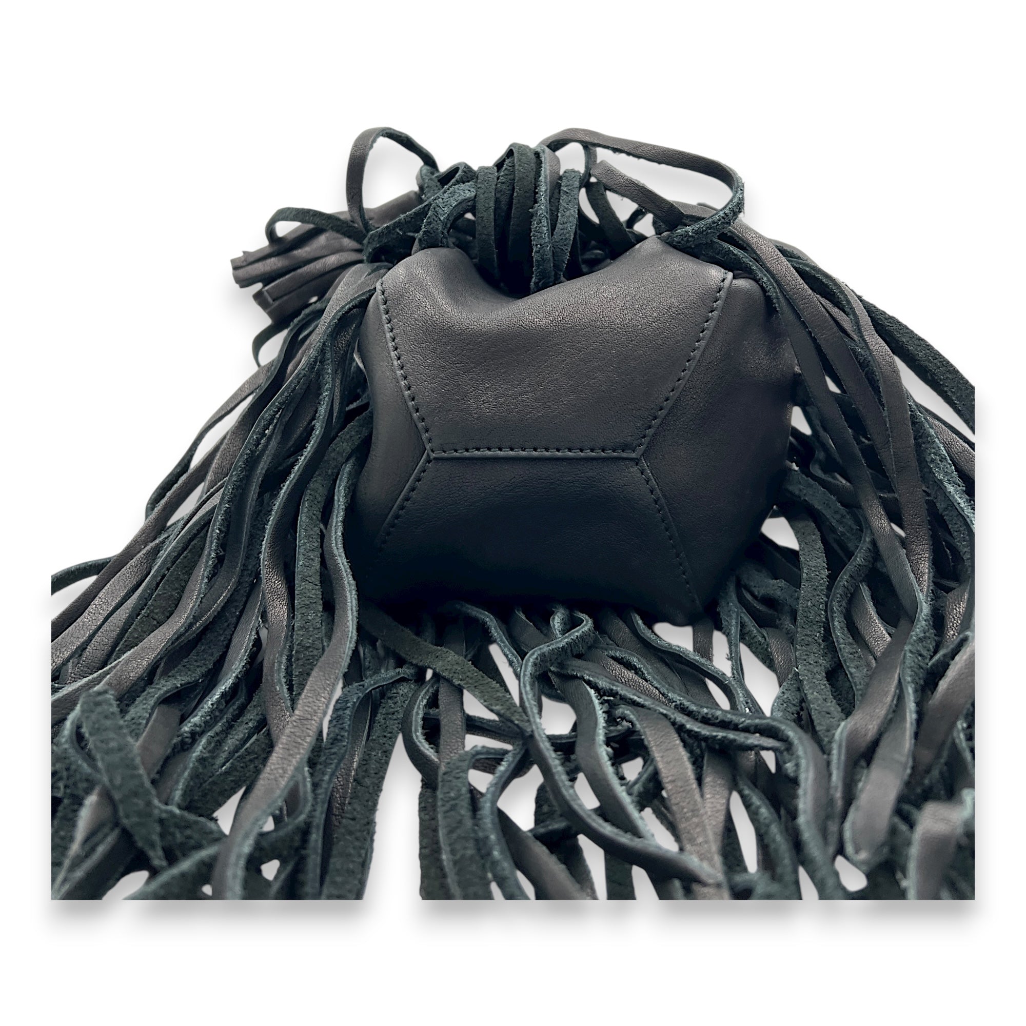 Logo Fringe Bucket Bag Black in Suede Leather, Silver hardware