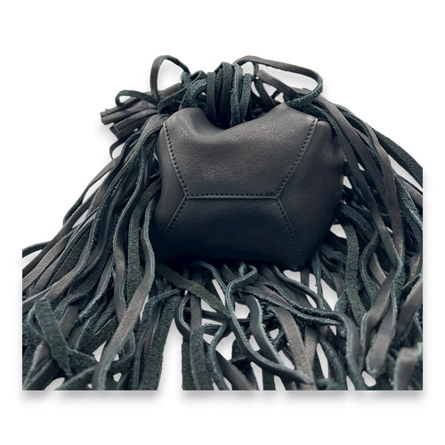 Logo Fringe Bucket Bag Black in Suede Leather, Silver hardware