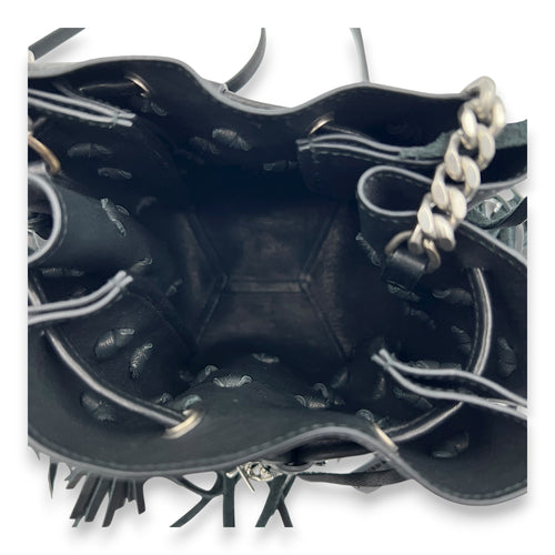 Logo Fringe Bucket Bag Black in Suede Leather, Silver hardware