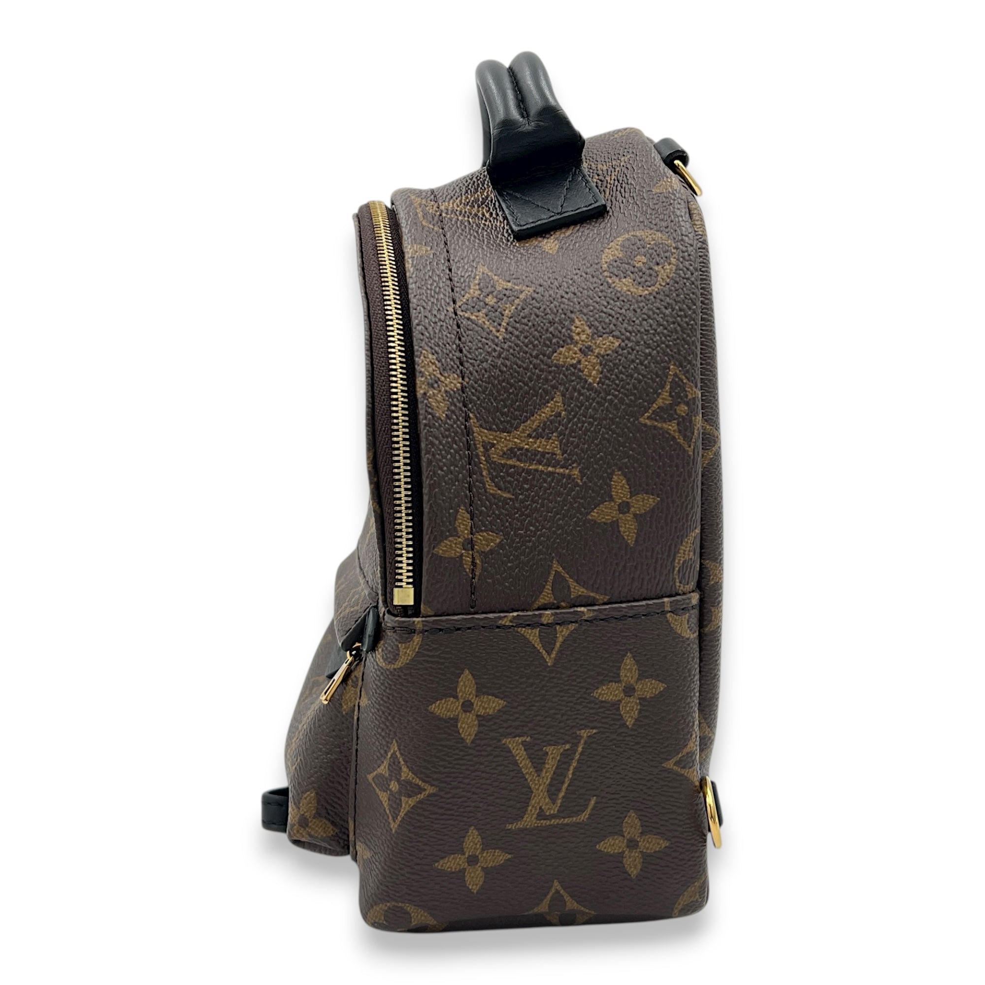 Palm Springs Backpack Mini Brown in Monogram Coated Canvas, Gold hardware