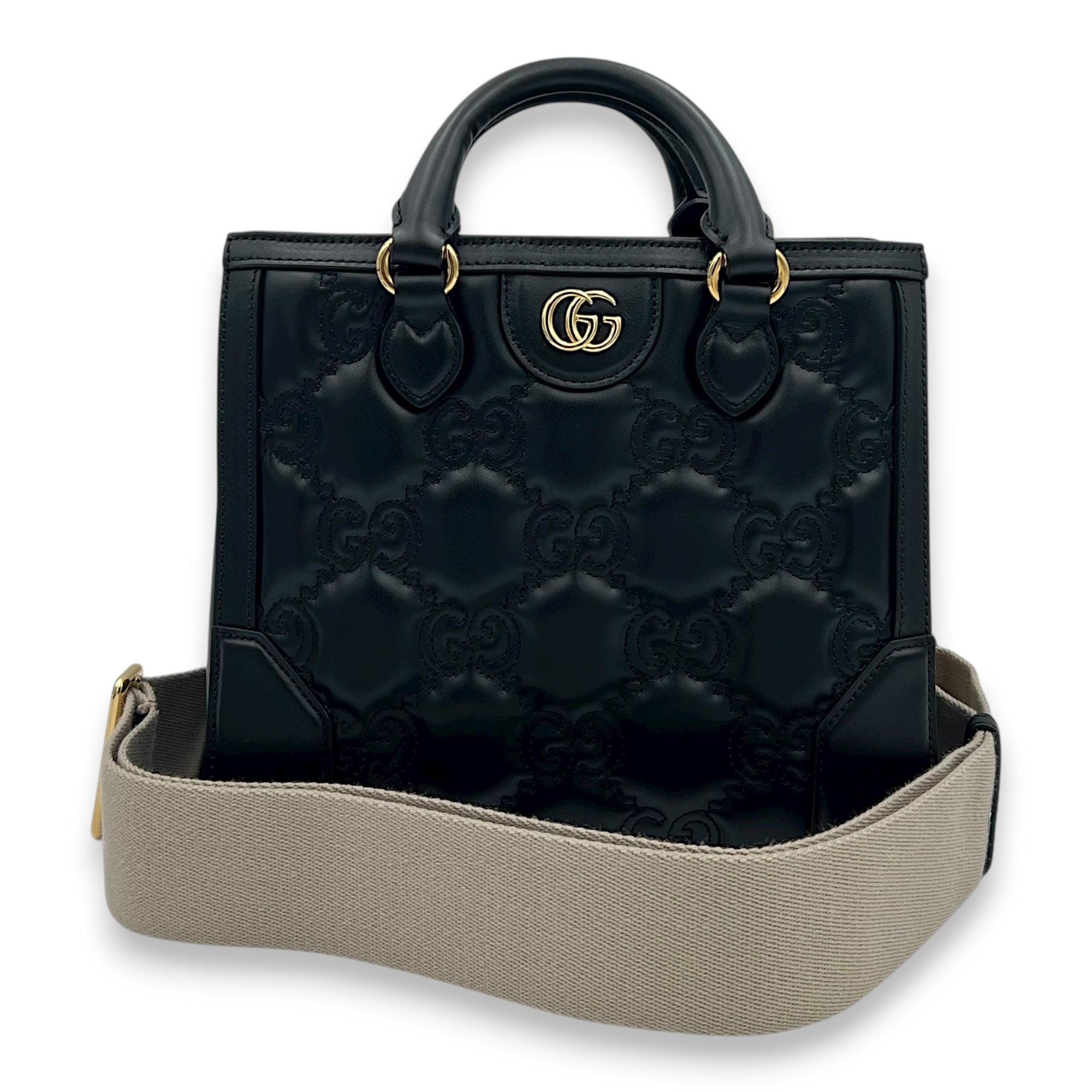 Matelassé Tote Bag Small Black in Calfskin, Gold hardware