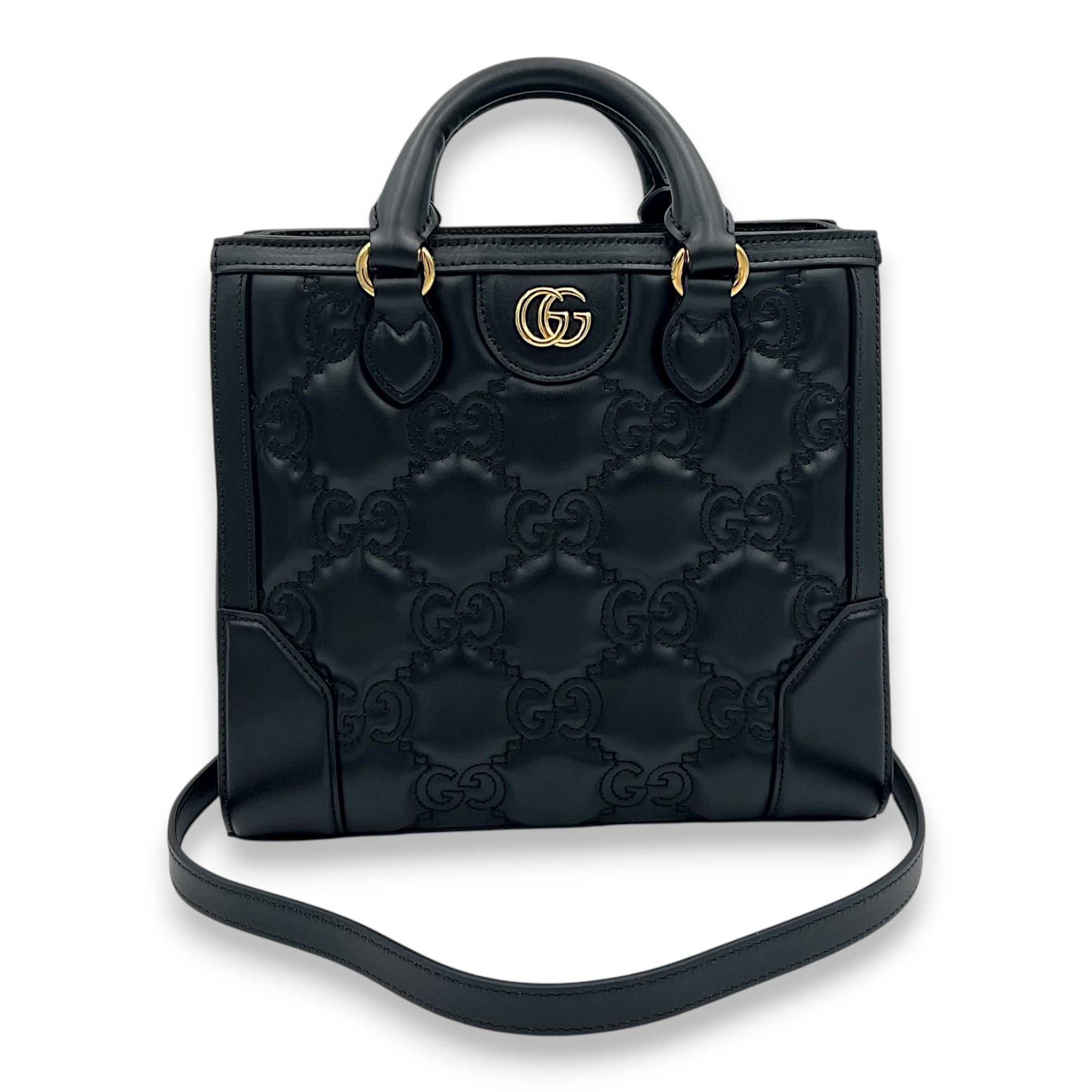 Matelassé Tote Bag Small Black in Calfskin, Gold hardware