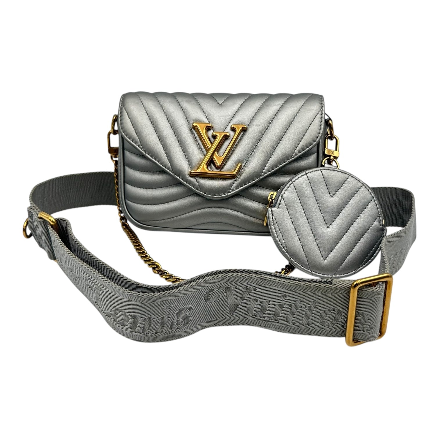 New Wave Crossbody Bag Silver in Calfskin, Gold hardware