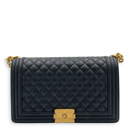 Boy Large Black Shoulder Bag in Caviar Leather, Gold hardware
