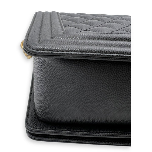 Boy Large Black Shoulder Bag in Caviar Leather, Gold hardware