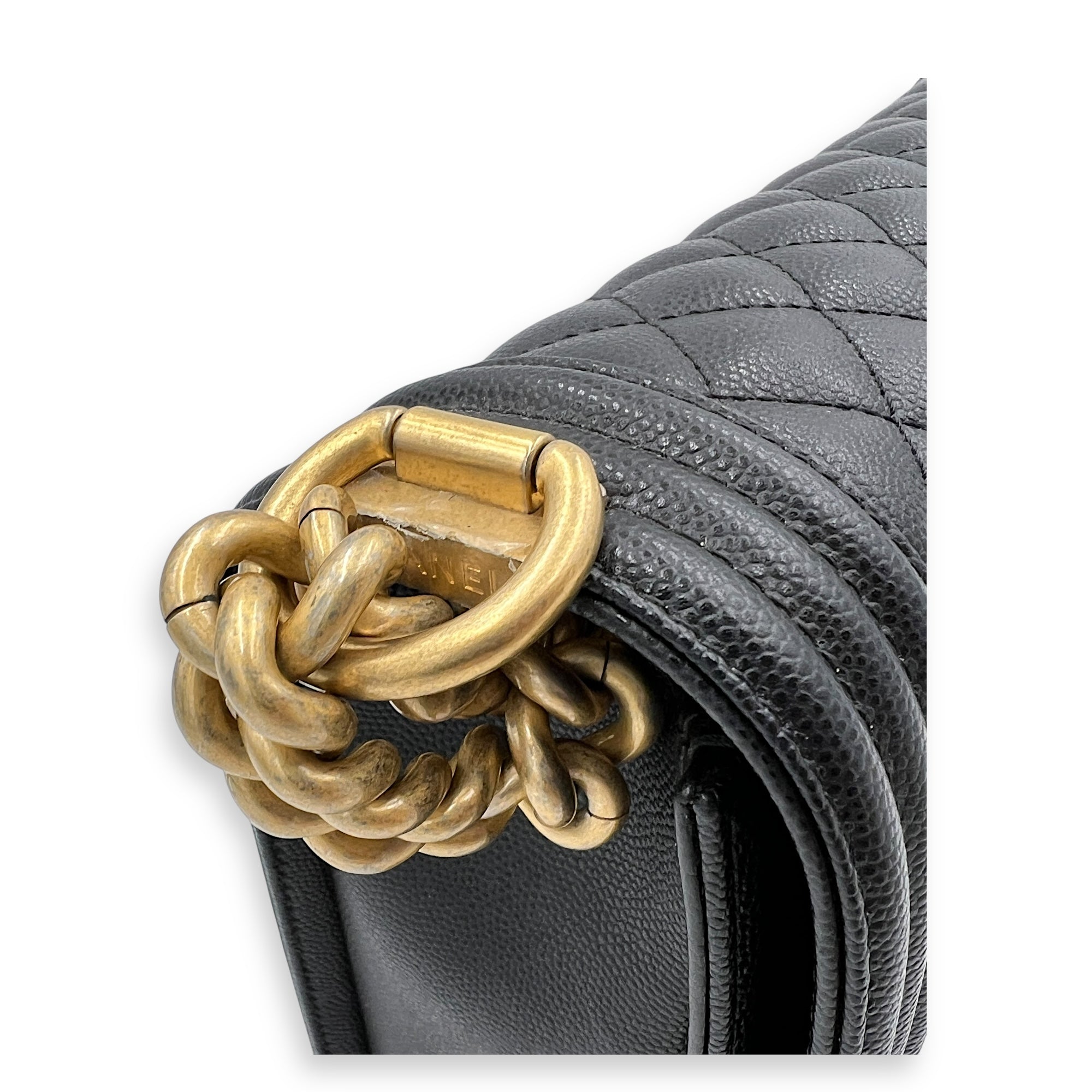 Boy Large Black Shoulder Bag in Caviar Leather, Gold hardware