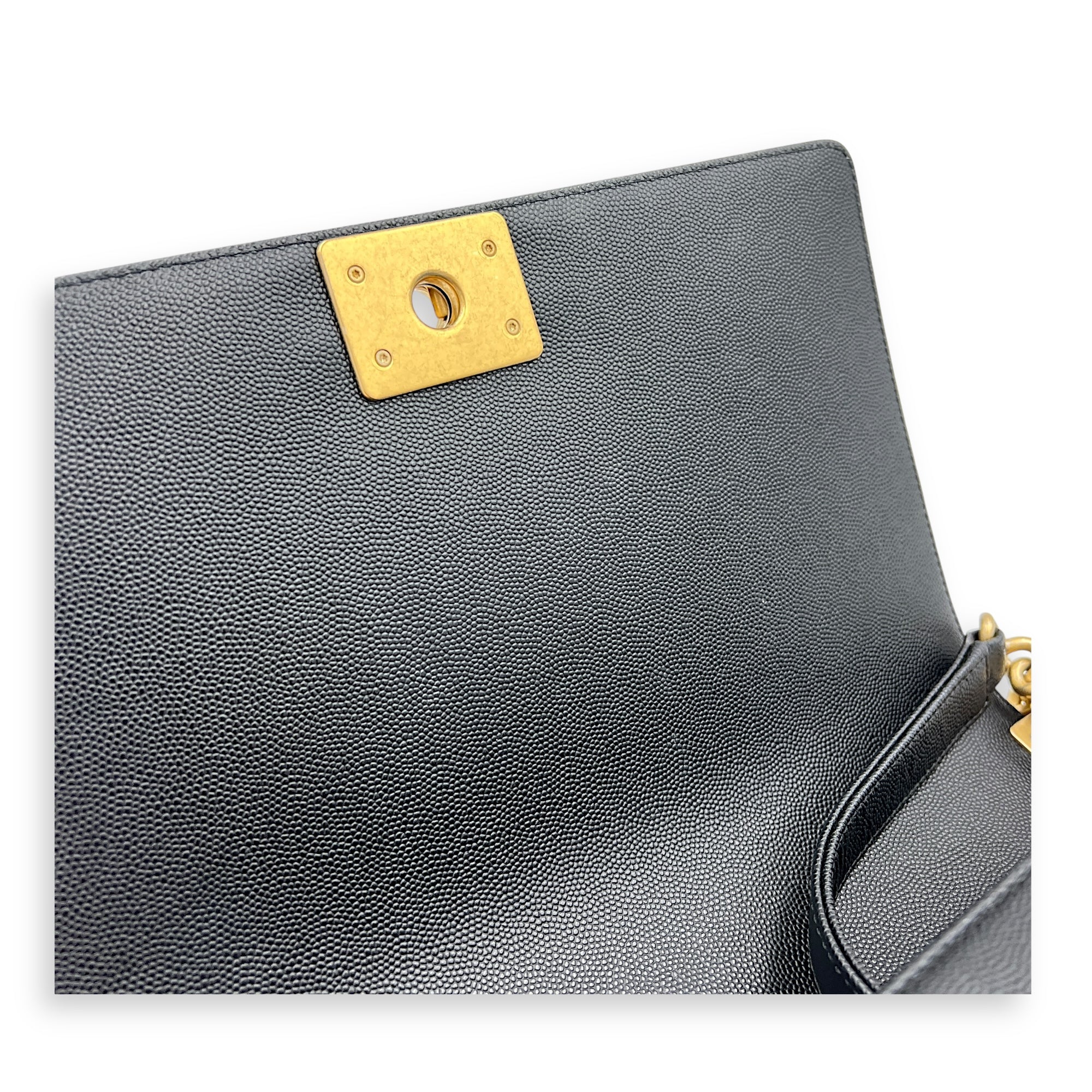 Boy Large Black Shoulder Bag in Caviar Leather, Gold hardware