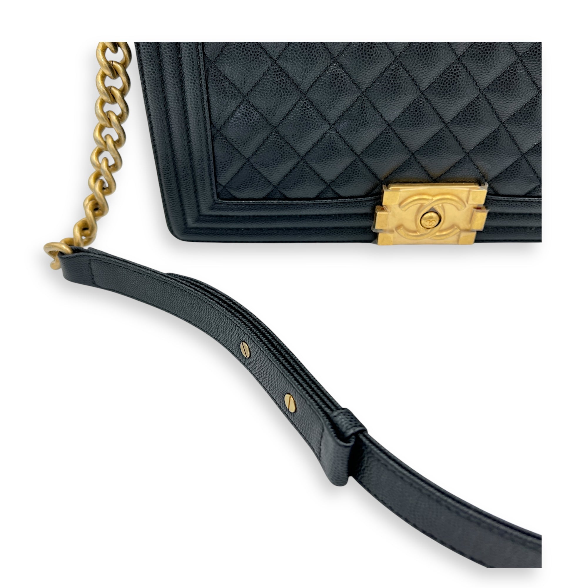 Boy Large Black Shoulder Bag in Caviar Leather, Gold hardware