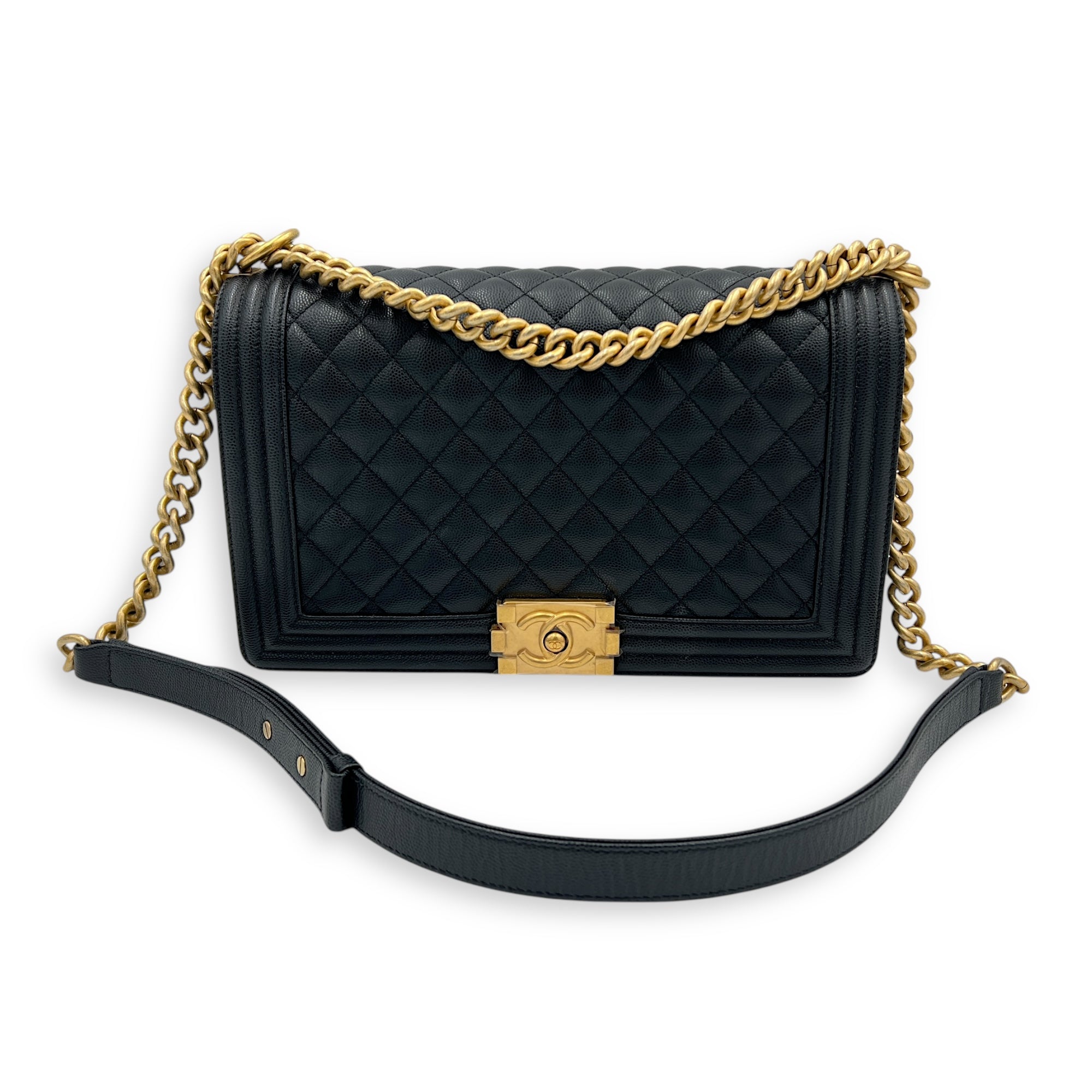 Boy Large Black Shoulder Bag in Caviar Leather, Gold hardware