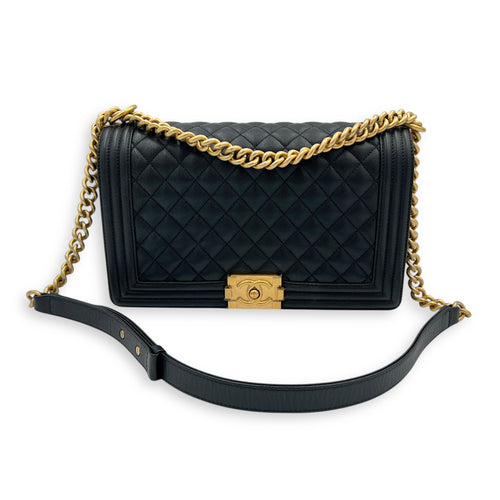 Boy Large Black Shoulder Bag in Caviar Leather, Gold hardware