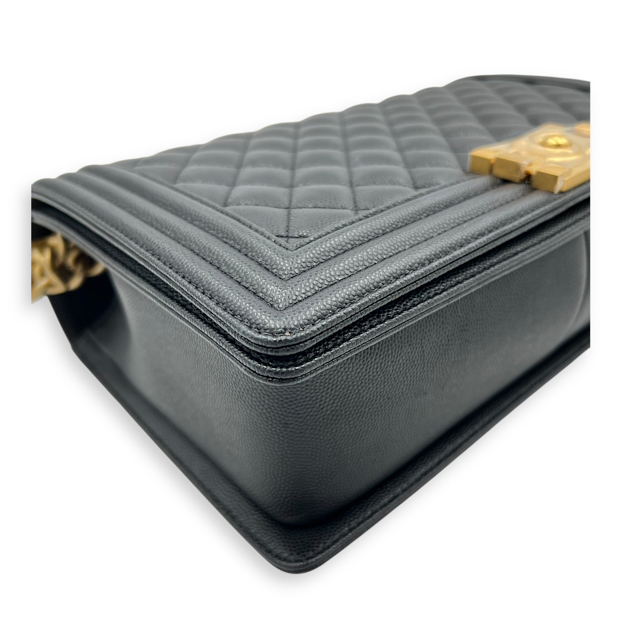 Boy Large Black Shoulder Bag in Caviar Leather, Gold hardware