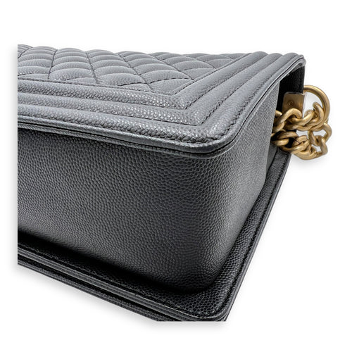 Boy Large Black Shoulder Bag in Caviar Leather, Gold hardware