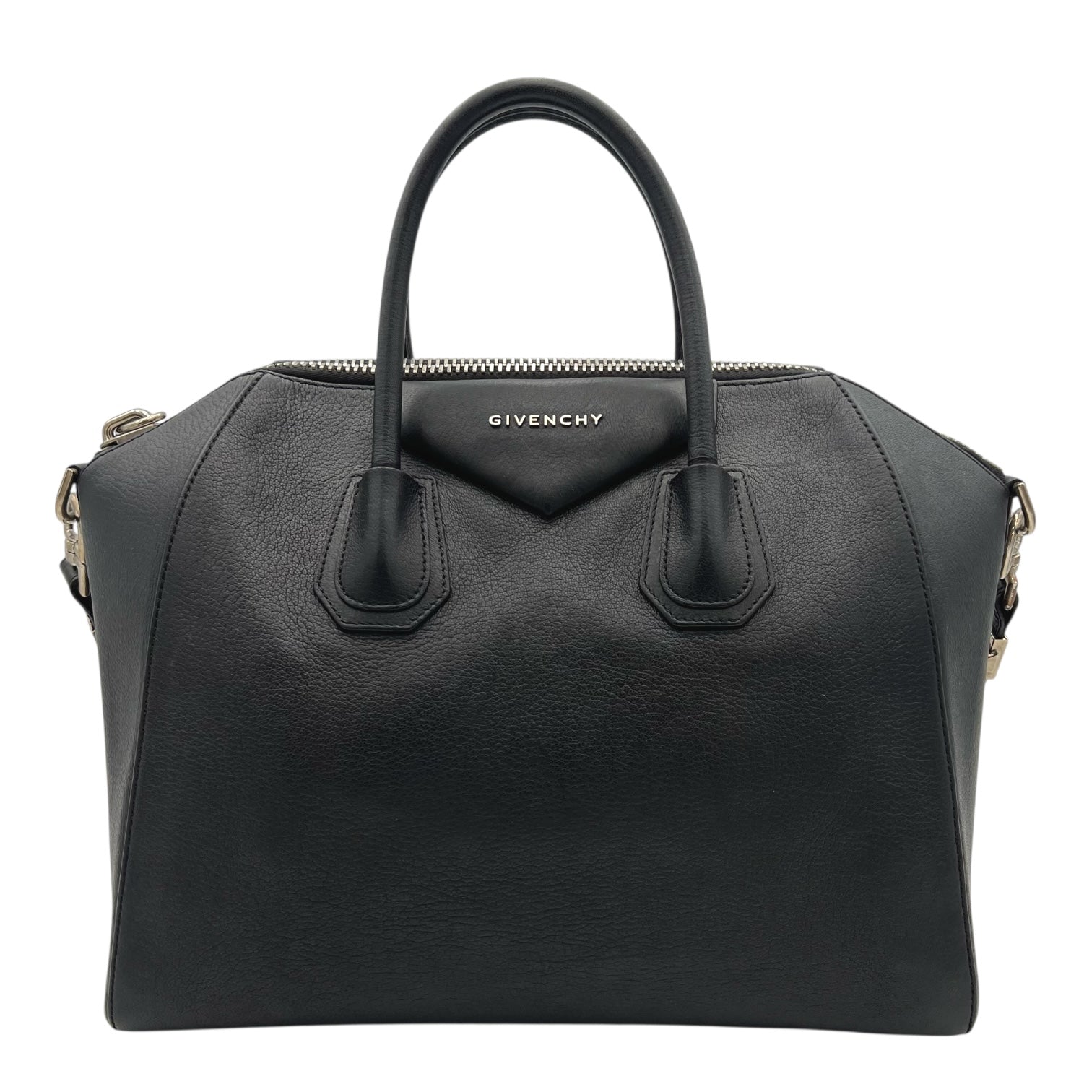 Antigona Top Handle Bag Black in Calfskin, Silver hardware