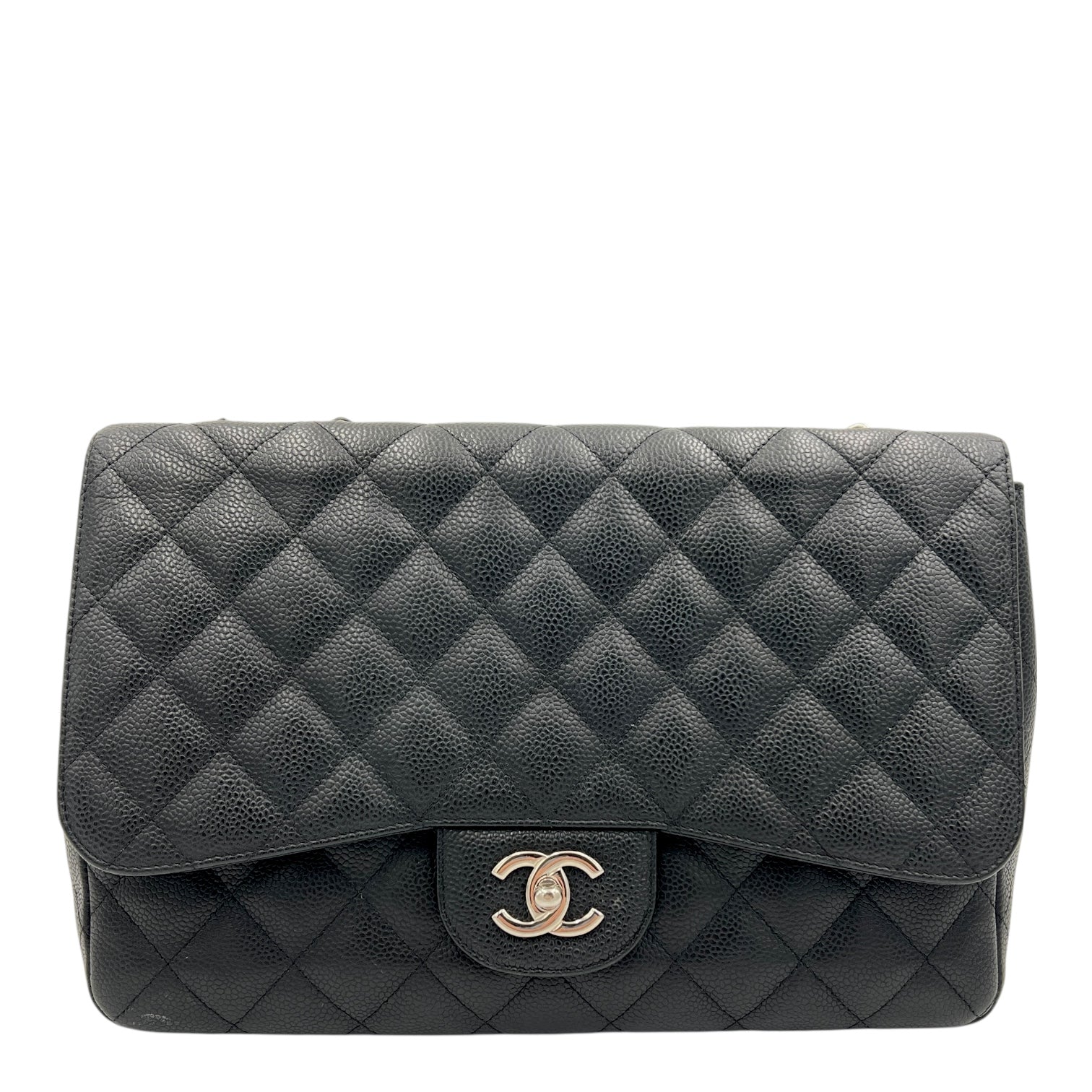 Classic Jumbo Single Flap Black Shoulder Bag in Caviar Leather, Silver hardware