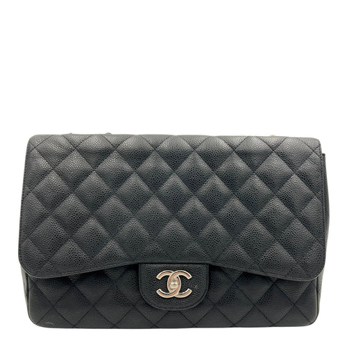 Classic Jumbo Single Flap Black Shoulder Bag in Caviar Leather, Silver hardware