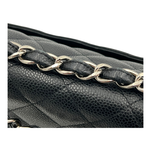 Classic Jumbo Single Flap Black Shoulder Bag in Caviar Leather, Silver hardware