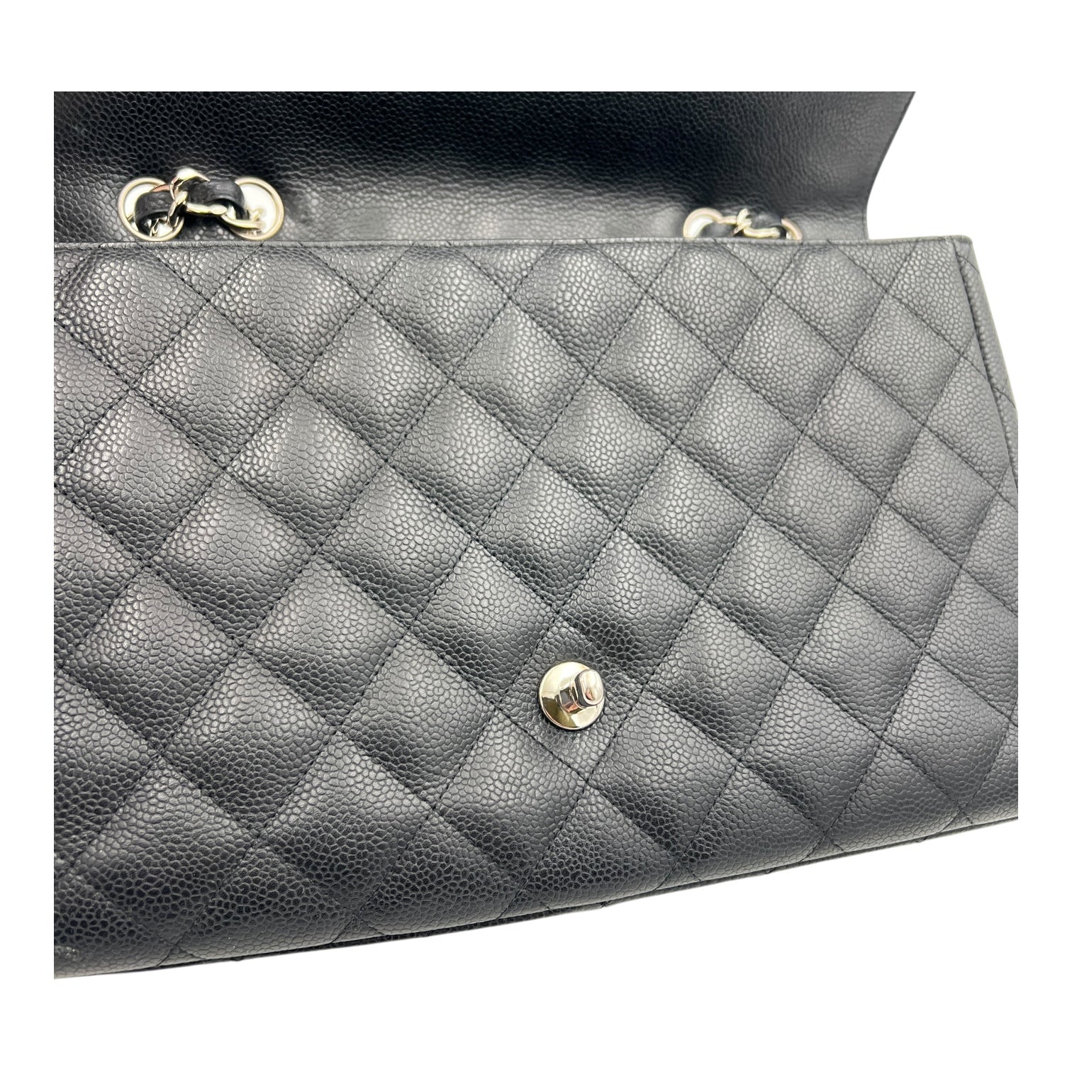 Classic Jumbo Single Flap Black Shoulder Bag in Caviar Leather, Silver hardware