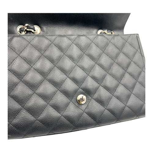 Classic Jumbo Single Flap Black Shoulder Bag in Caviar Leather, Silver hardware