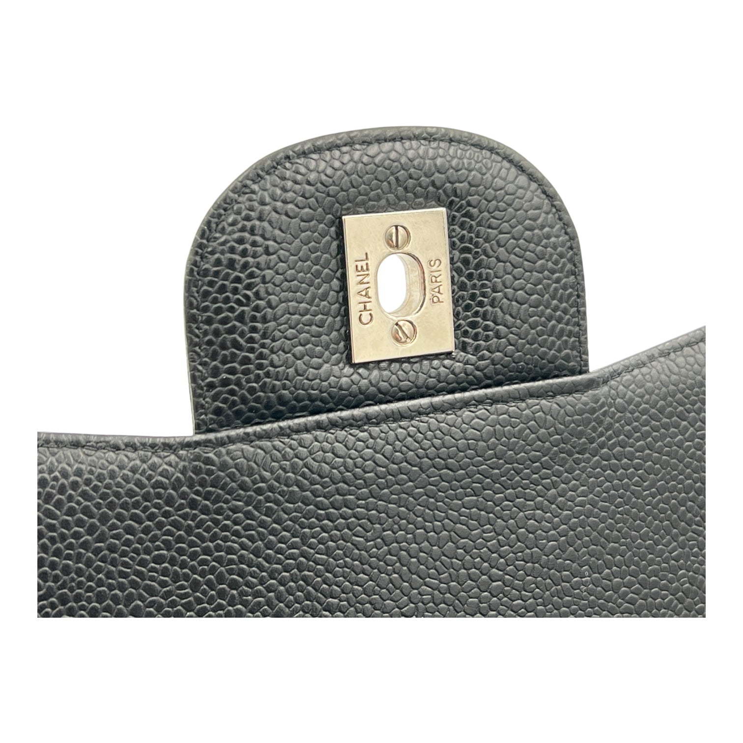 Classic Jumbo Single Flap Black Shoulder Bag in Caviar Leather, Silver hardware